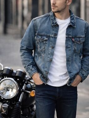 LEVI'S Classic Fit Med Wash Whiskered Denim Button Down Trucker Jacket Men's XXL